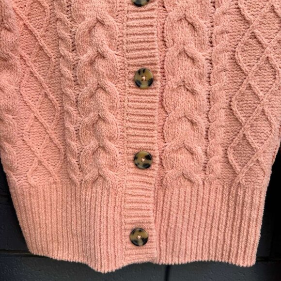 Derek Heart Chunky Chenille Cable Knit Cardigan Sweater Hooded S Coral Button Up - Picture 6 of 15